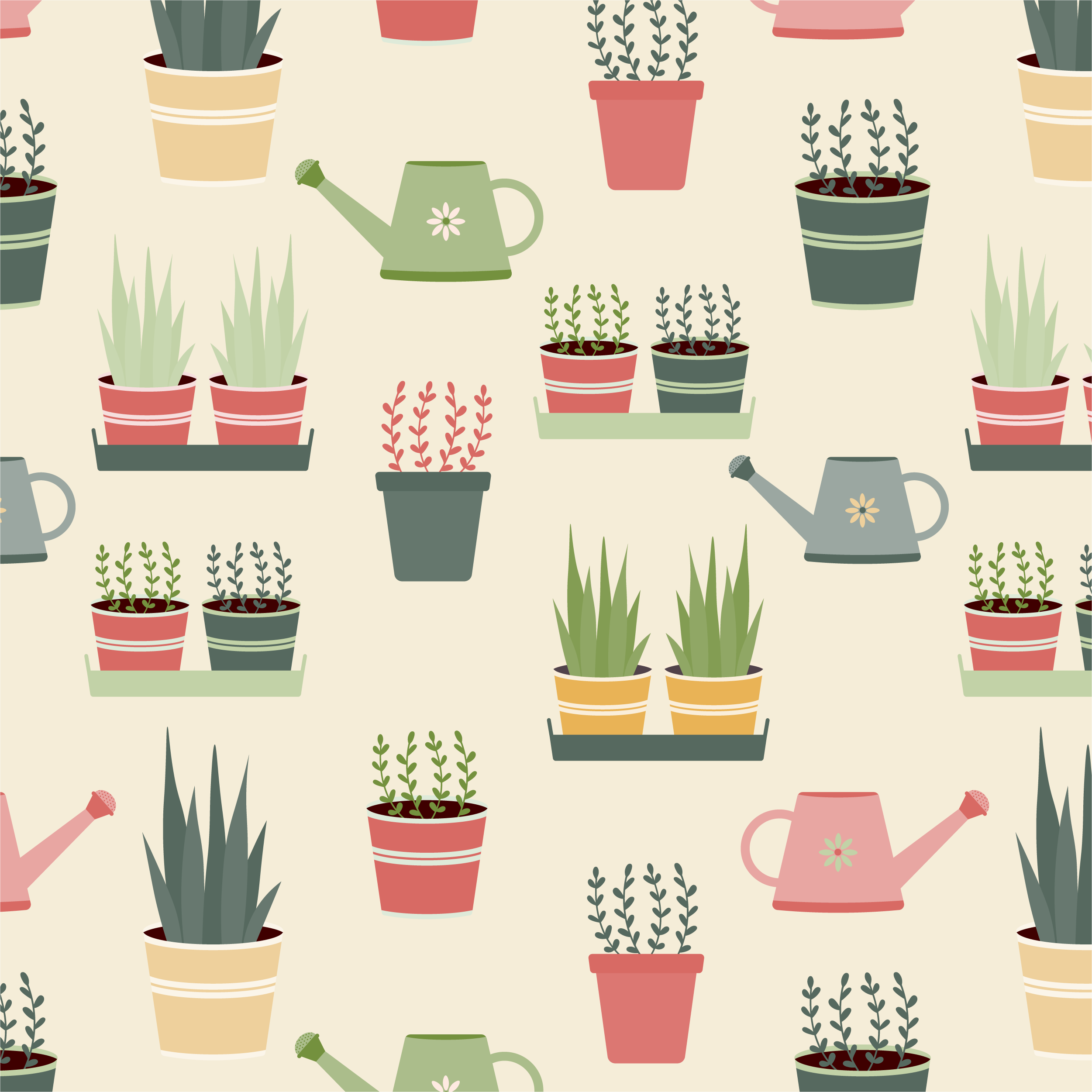 Potted house plants and watering cans pattern in Pattern & Surface Design Inspiration by Aysel Zamanli