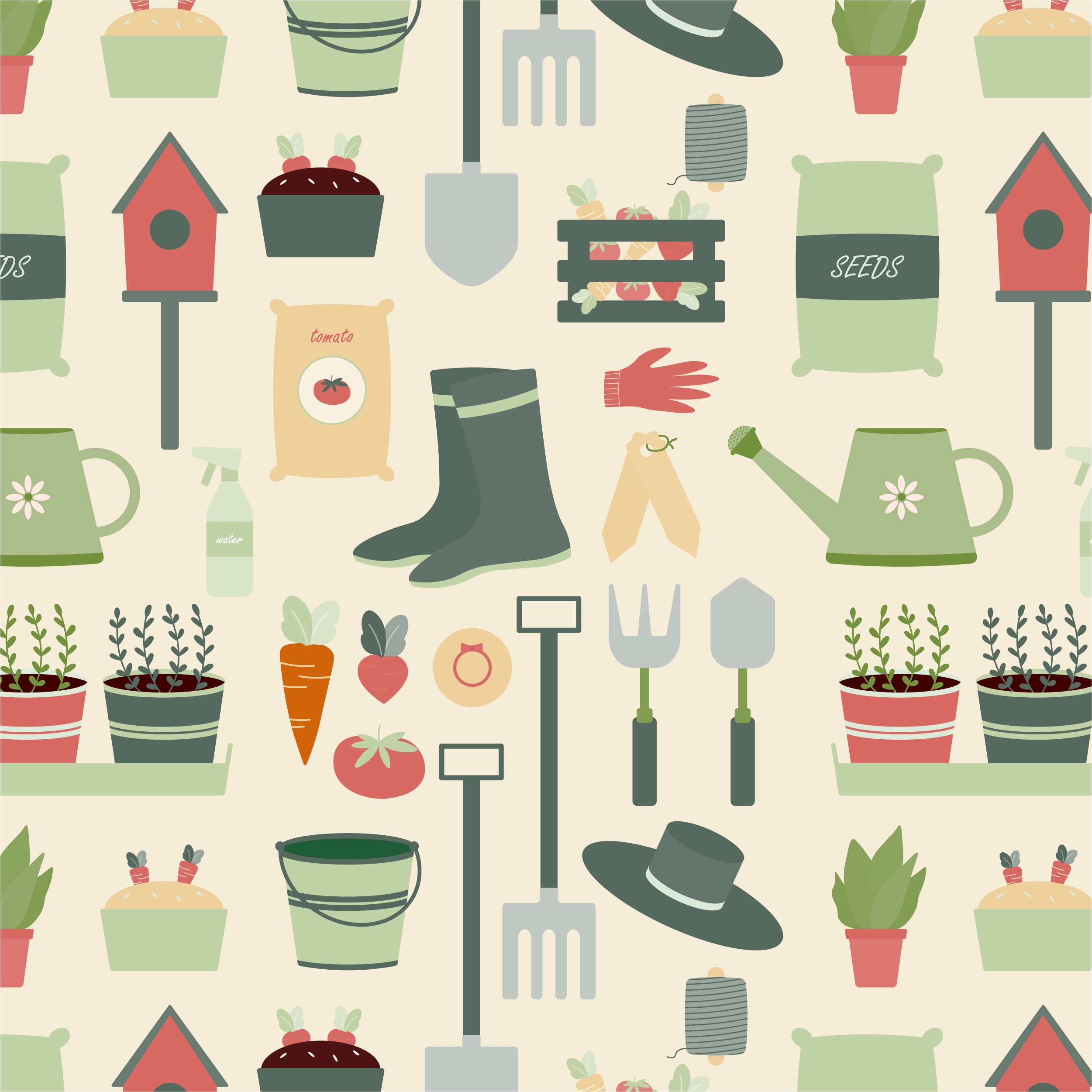 Garden tools and plants pattern in Pattern & Surface Design Inspiration by Aysel Zamanli