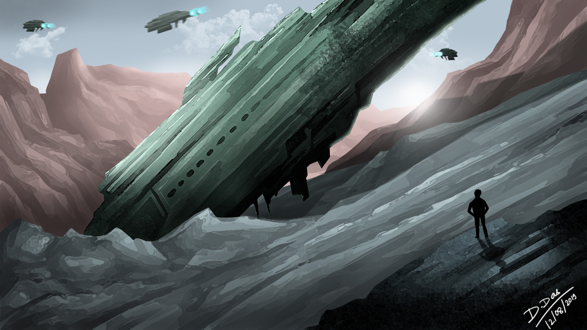 Alien ship crashed in mountains in Concept Art Inspiration by Debapriyo Das