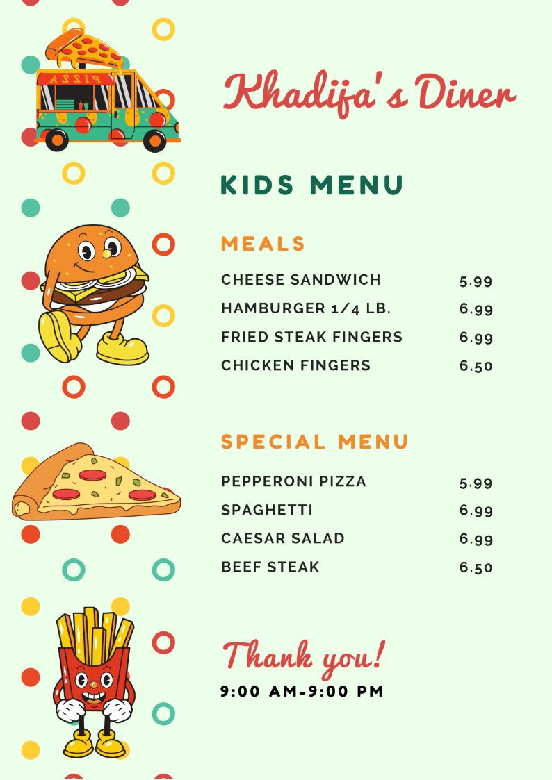 Khadija's Diner in Menu Design Inspiration by Khadija Sana
