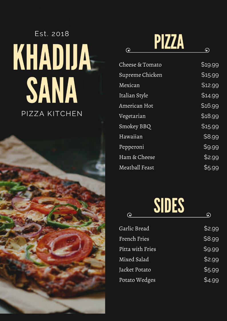 Pizza Restaurant Menu in Menu Design Inspiration by Khadija Sana