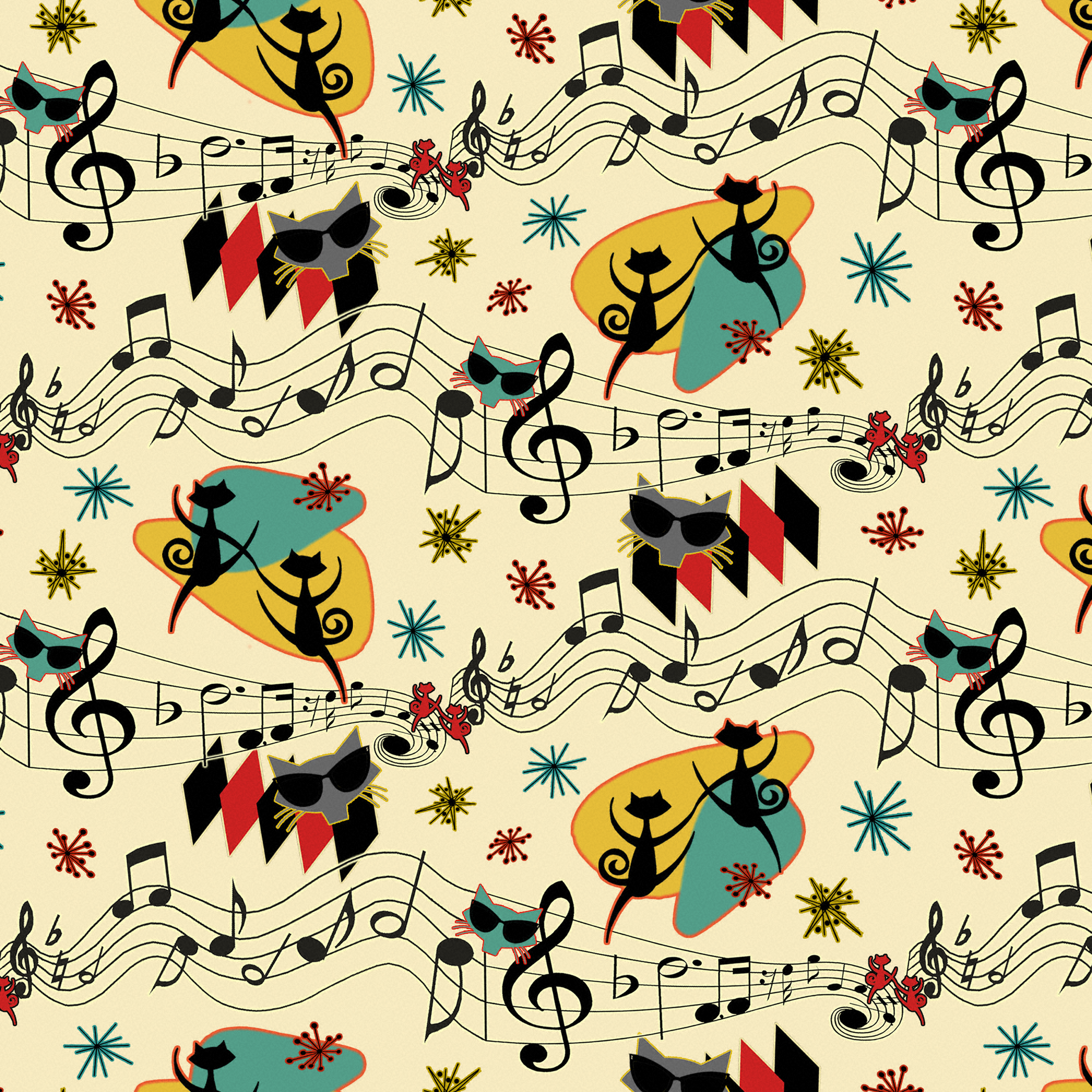 Rockabilly Cool Cats on Cream in Pattern & Surface Design Inspiration by Barbara Marrs