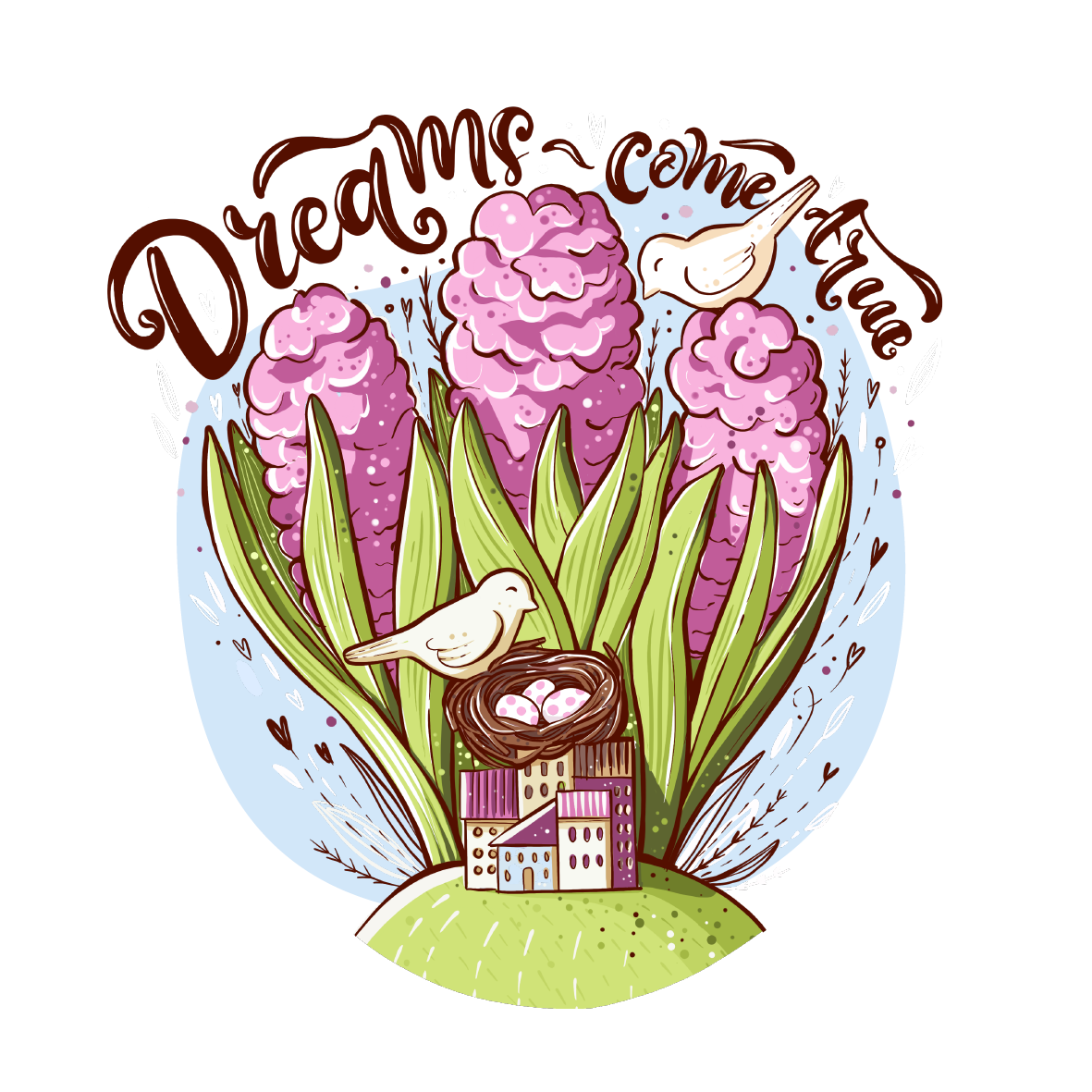 Two birds with a nest in hyacinth flowers by Iryna Shevchenko Two birds with a nest in hyacinth flowers in T-Shirt Design Inspiration by Iryna Shevchenko