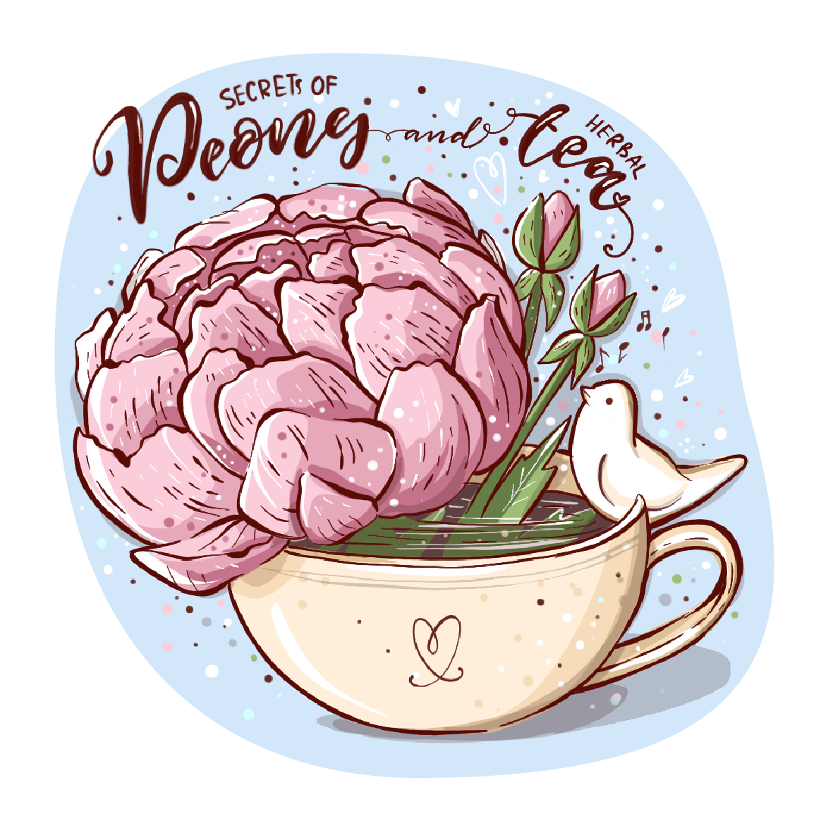Spring tea with Peony and a little white bird by Iryna Shevchenko Spring tea with Peony and a little white bird in Illustration and Graphics Inspiration by Iryna Shevchenko