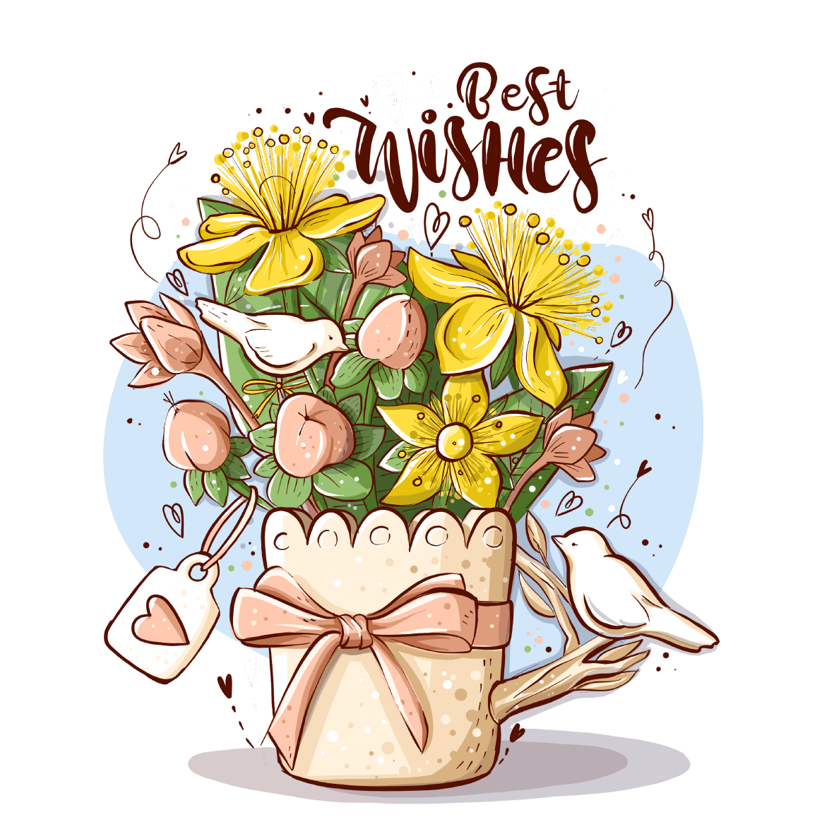 Spring bouquet with yellow flowers and with two birds in Illustration and Graphics Inspiration by Iryna Shevchenko