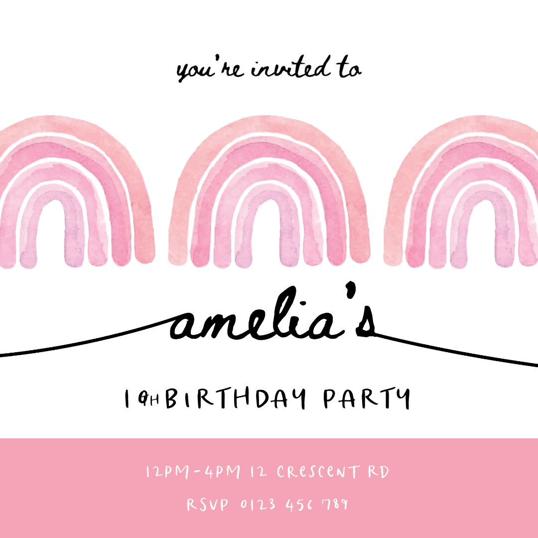 Pink Watercolour Rainbow Birthday Invitation Design by Naomi Croll Pink Watercolour Rainbow Birthday Invitation Design in Invitation Card Design Inspiration by Naomi Croll