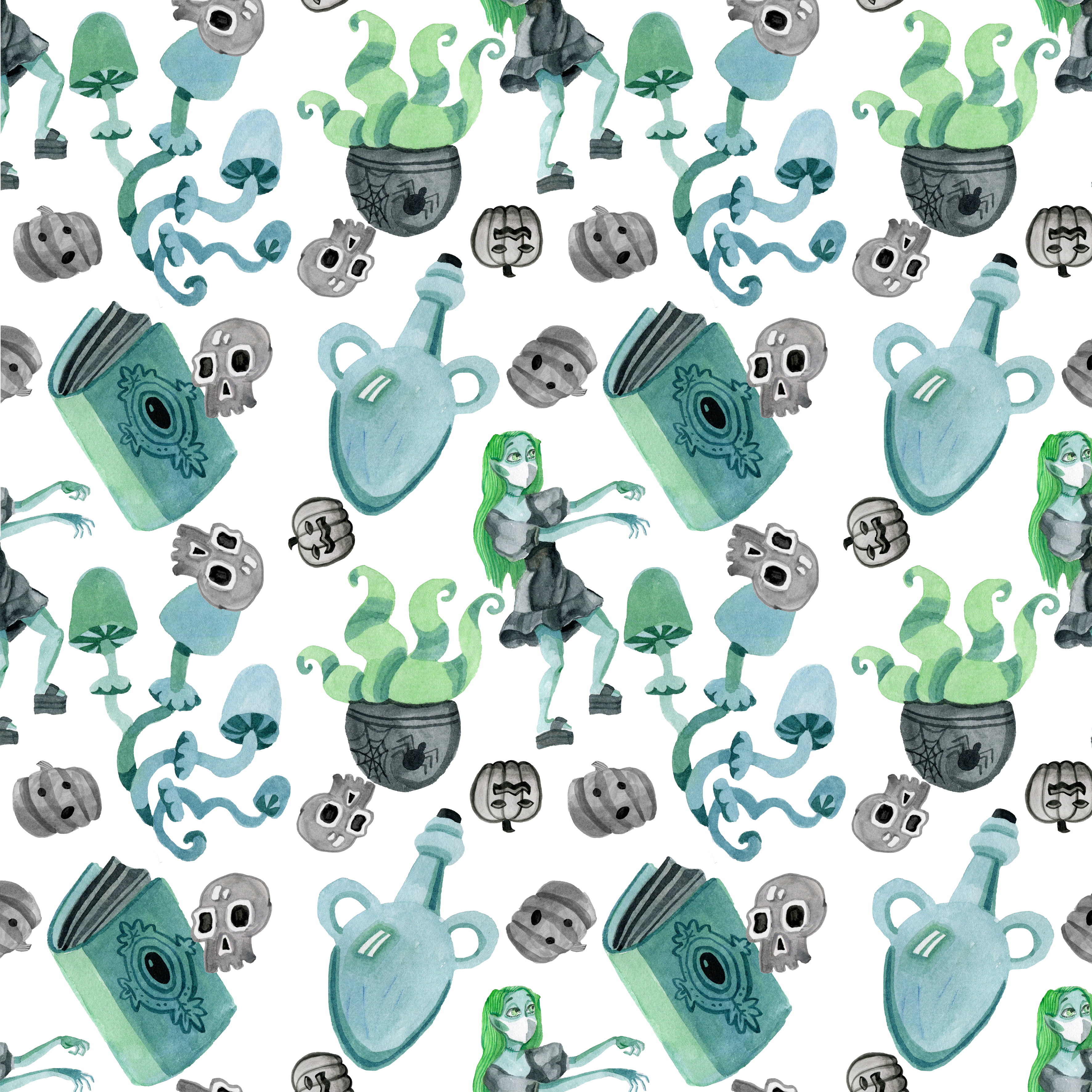 Halloween watercolor zombies and mushrooms in Pattern & Surface Design Inspiration by Elena Krotova