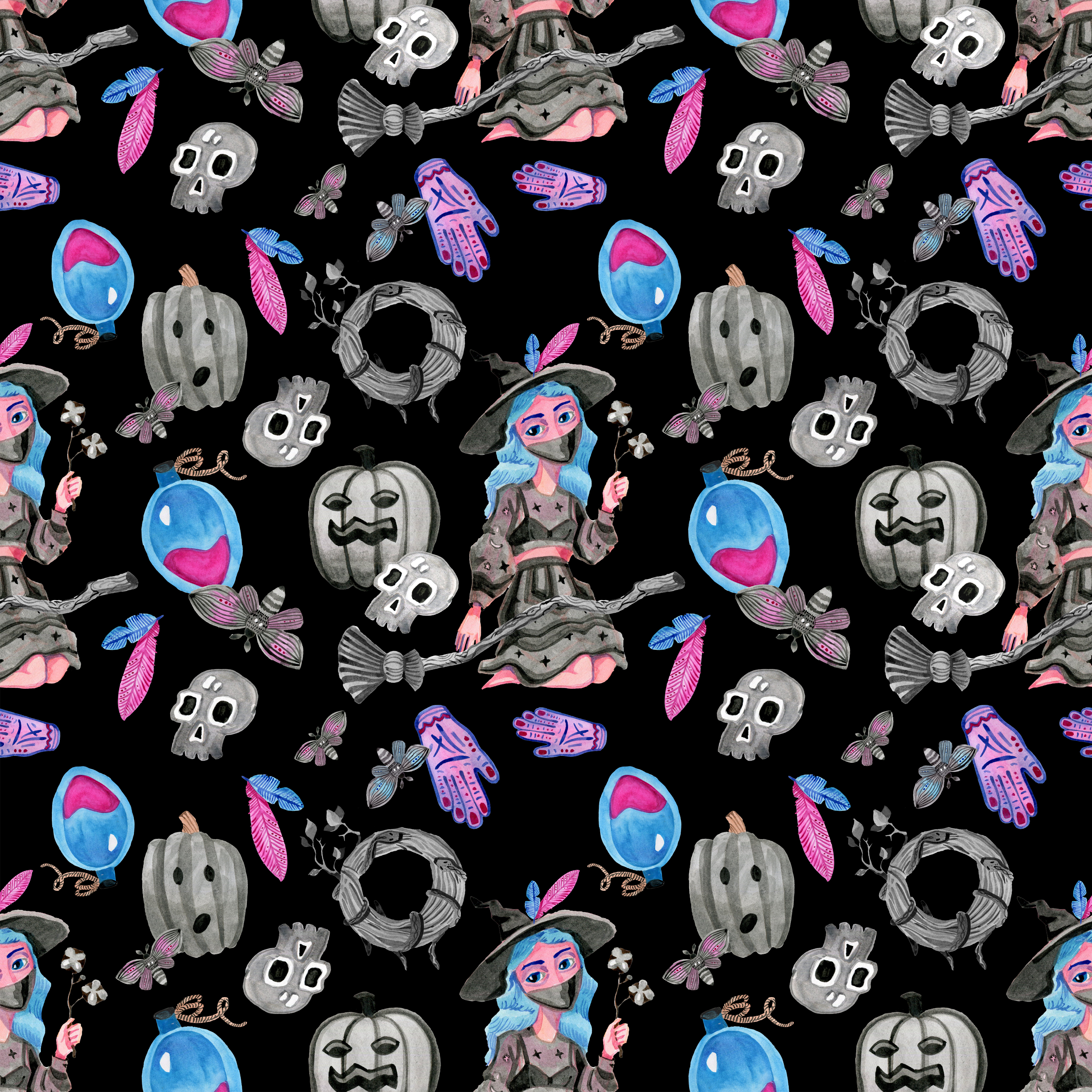 Halloween seamless pattern black grey pink and blue watercolor art in Pattern & Surface Design Inspiration by Elena Krotova