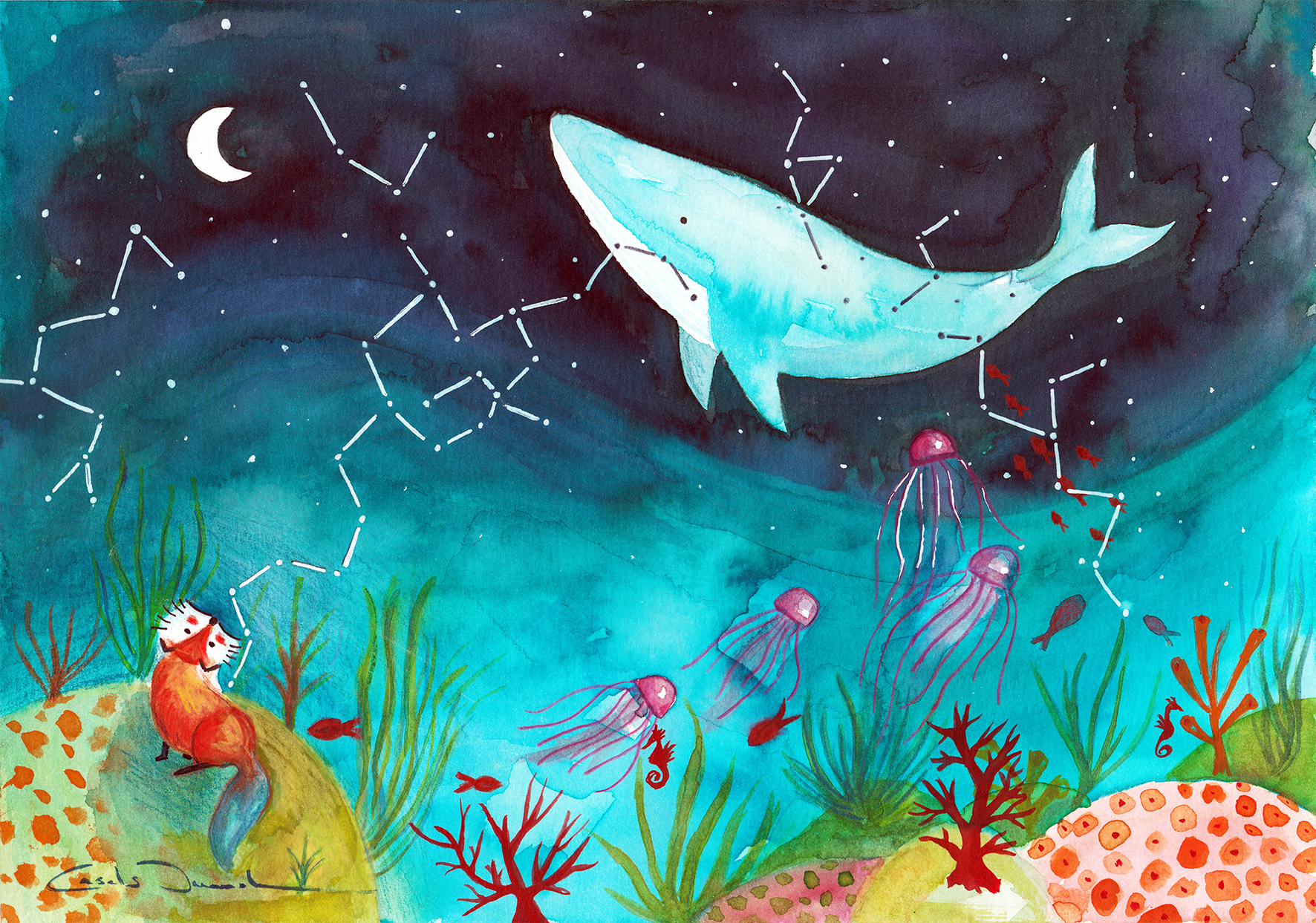 Fox and cosmic whale in love in Illustration and Graphics Inspiration by Marta Casals Juanola