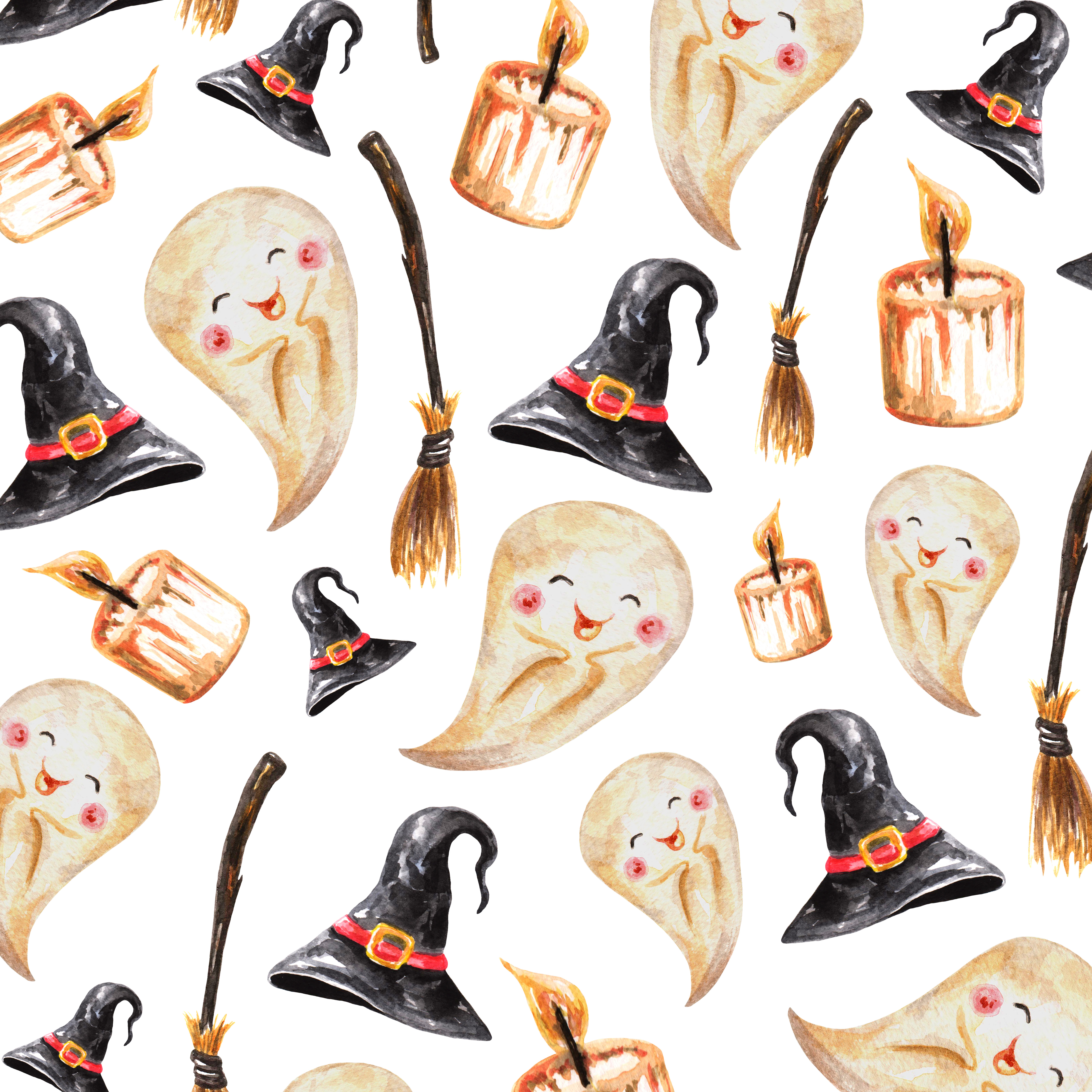 Halloween Pattern: cute ghost, candle, broom,witch hat in Pattern & Surface Design Inspiration by Iryna Art