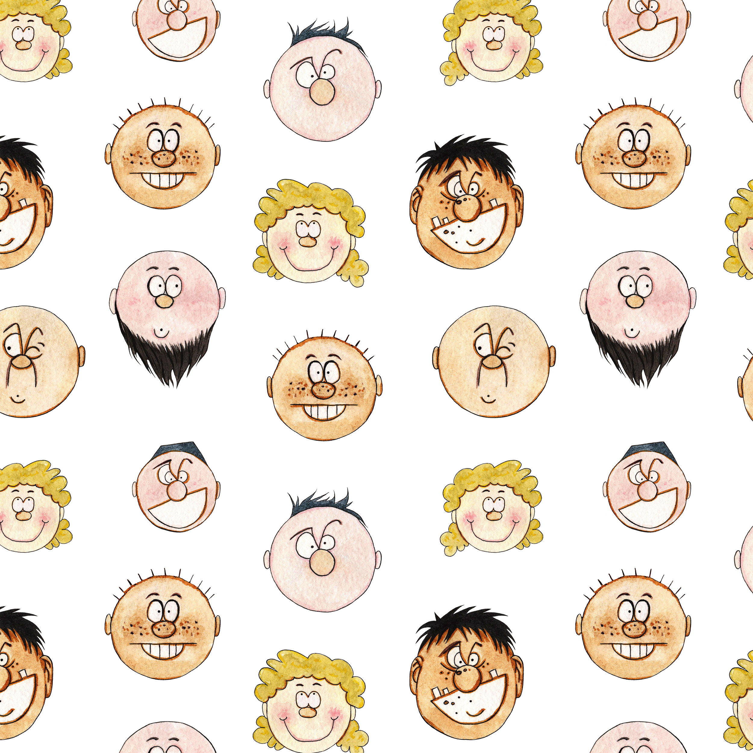 Seamless pattern of funny cartoon faces-watercolor art by Iryna Art Seamless pattern of funny cartoon faces-watercolor art in Pattern & Surface Design Inspiration by Iryna Art