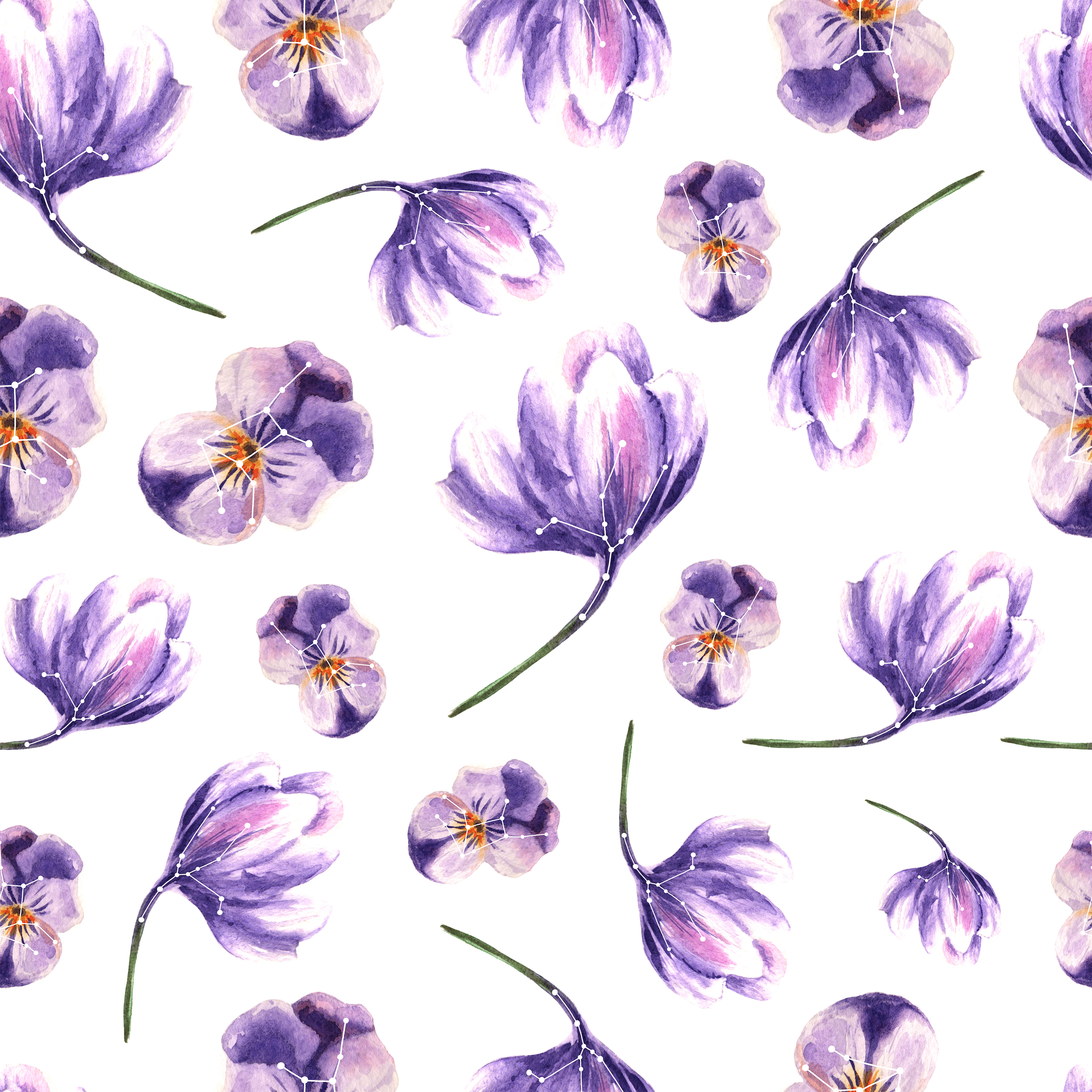 Seamless watercolor pattern of crocus and pansies purple flowers in Pattern & Surface Design Inspiration by Iryna Art