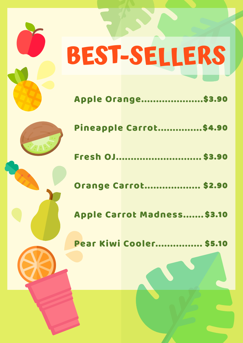 Fresh Juice Menu by Erica Lim Fresh Juice Menu in Menu Design Inspiration by Erica Lim