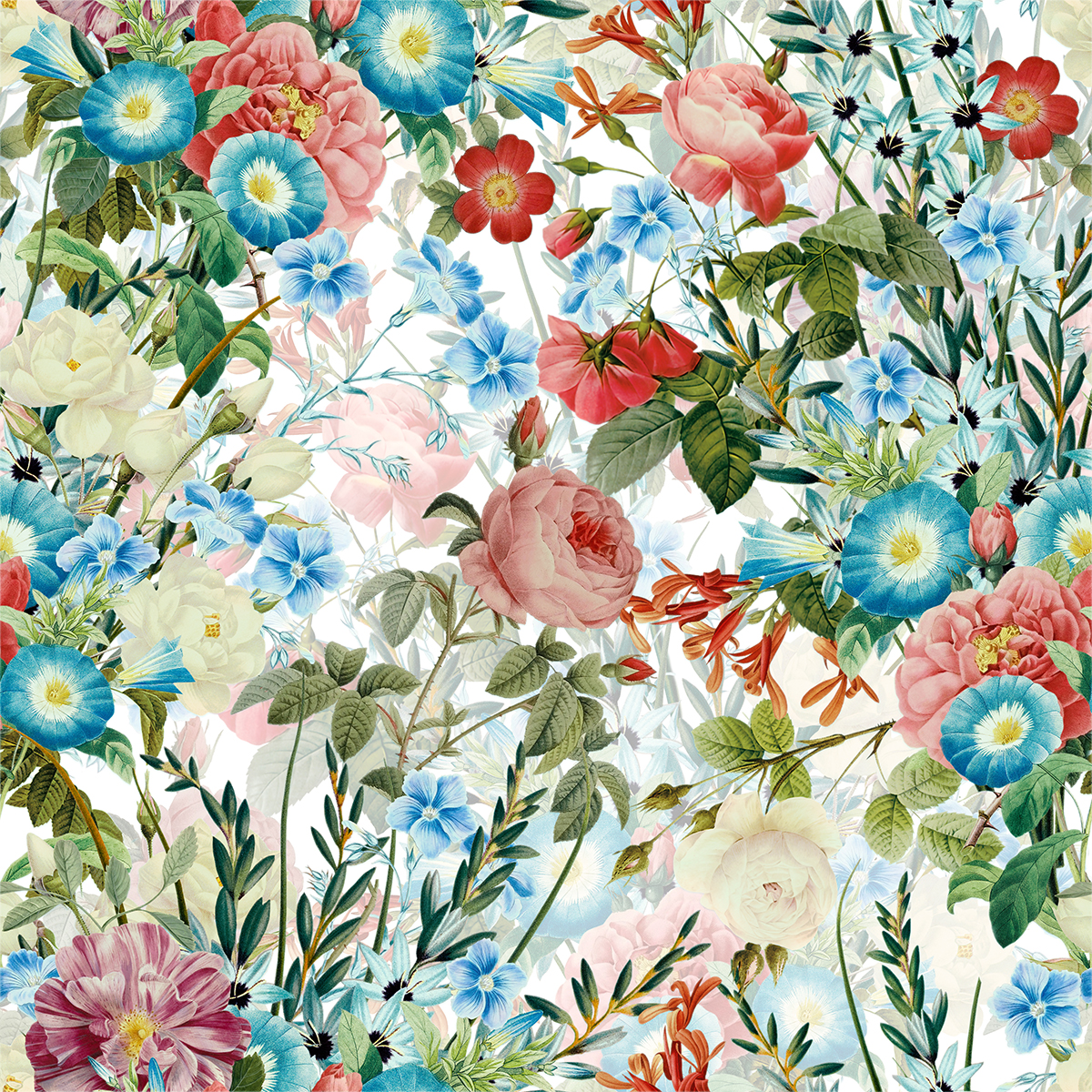 Colorful Summer Garden with Pierre-Joseph Redouté roses in Vintage Art Inspiration by Uta Naumann