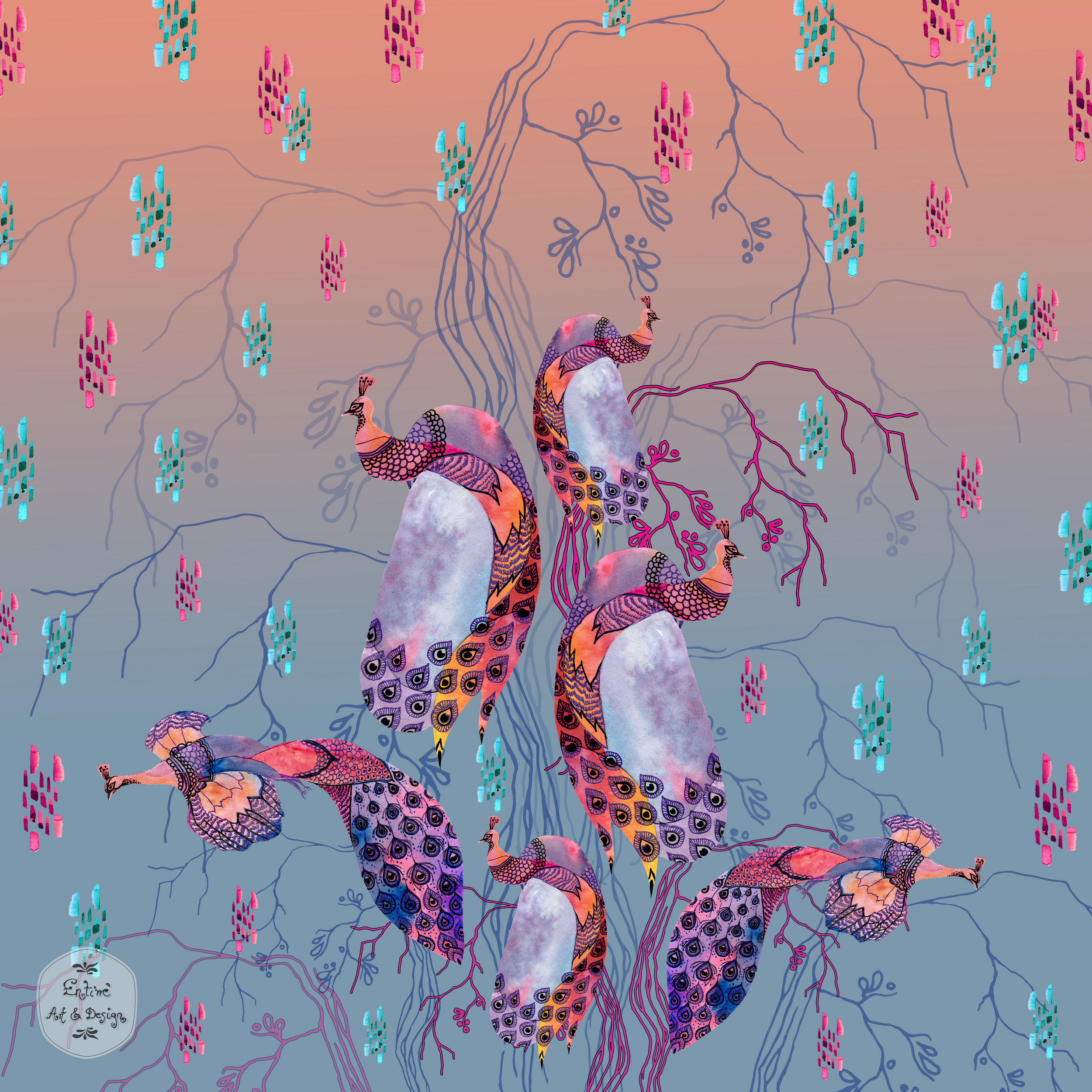 \'Heavenly Peacock Garden\' design by Enikő Kramcsák \'Heavenly Peacock Garden\' design in Illustration and Graphics Inspiration by Enikő Kramcsák