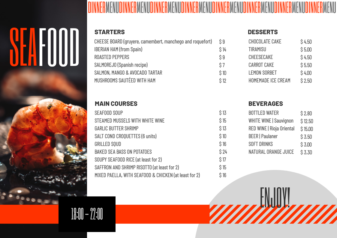 Dinner A La Carte Menu - Mediterranean in Menu (Landscape) Inspiration by Irene Donoso