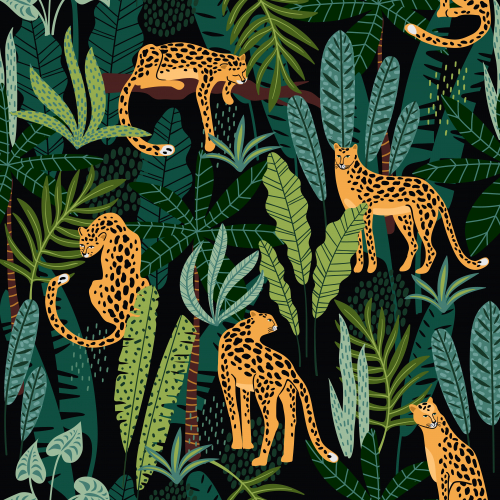 Seamless pattern with leopards and tropical leaves. thumb