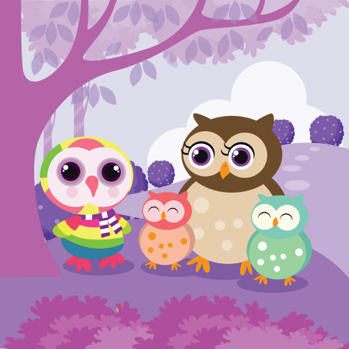 Mother owl and two baby owls.