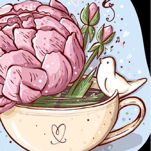 Spring tea with Peony and a little white bird thumb