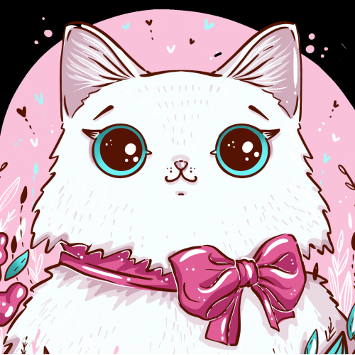 Cute white cat with pink bow, blue eyes and flowers