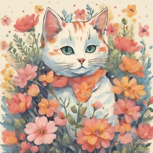 Watercolor Kitten with Garden Flowers