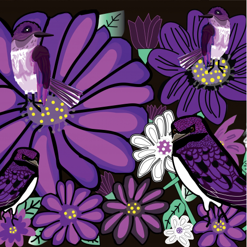 Aster Birds and Purple flowers thumb
