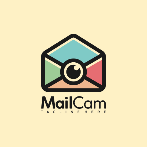camera logo, combination of camera lens and mail sign