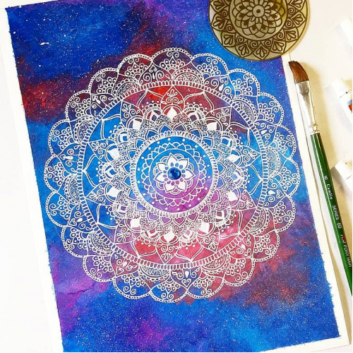 Mandala Illustration on watercolor galaxy background