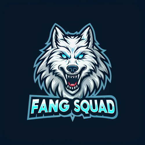 logo design of a fierce white wolf with prominent fangs